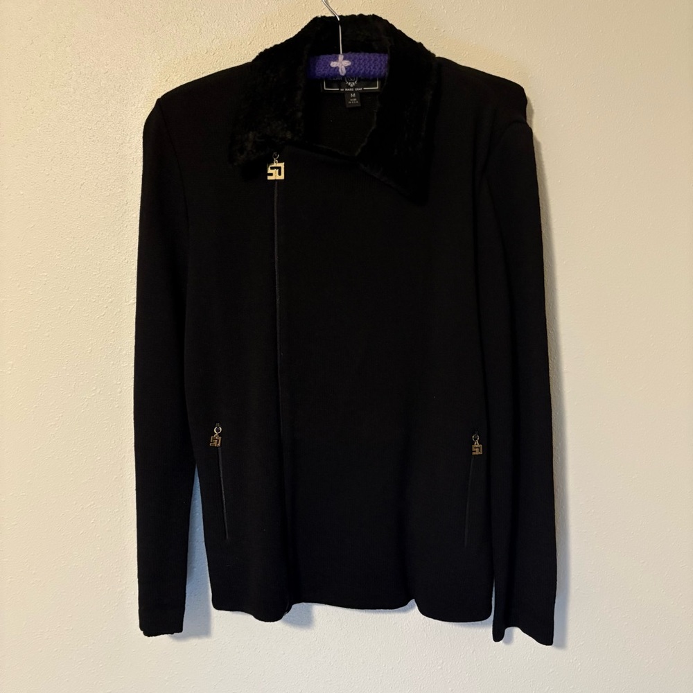St. John Black Jacket with Faux Fur Collar